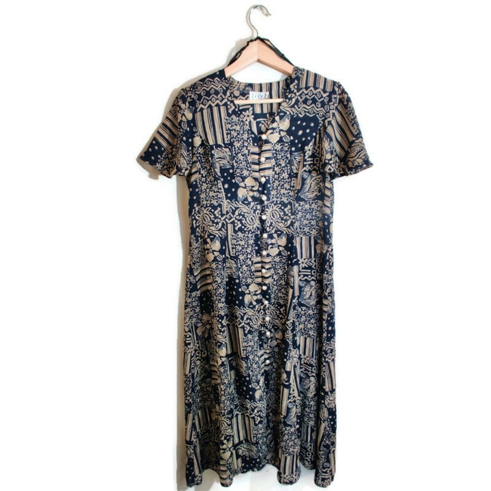 CDC Vintage Maxi Black & Gold Full Button Up Floral Print Sheer V-Neck Dress M